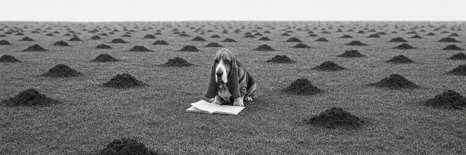 A vast lawn covered in dozens of small earth mounds with one small hound at its centre