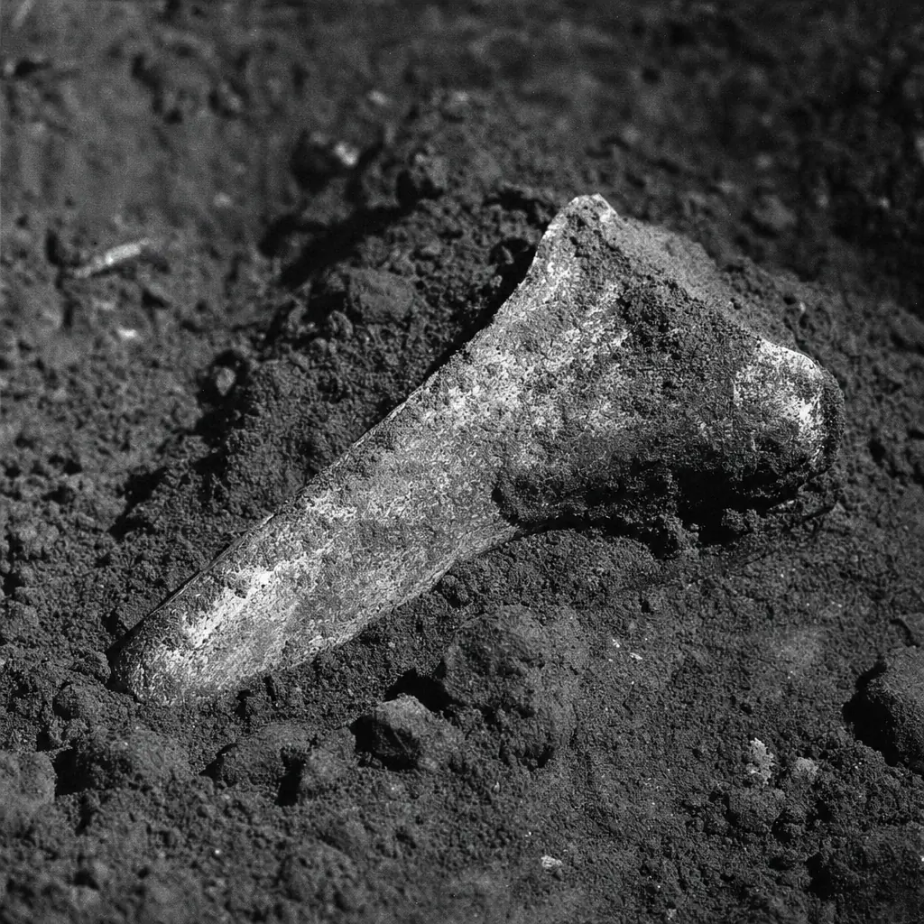 A single large bone half buried in dark crumbling earth