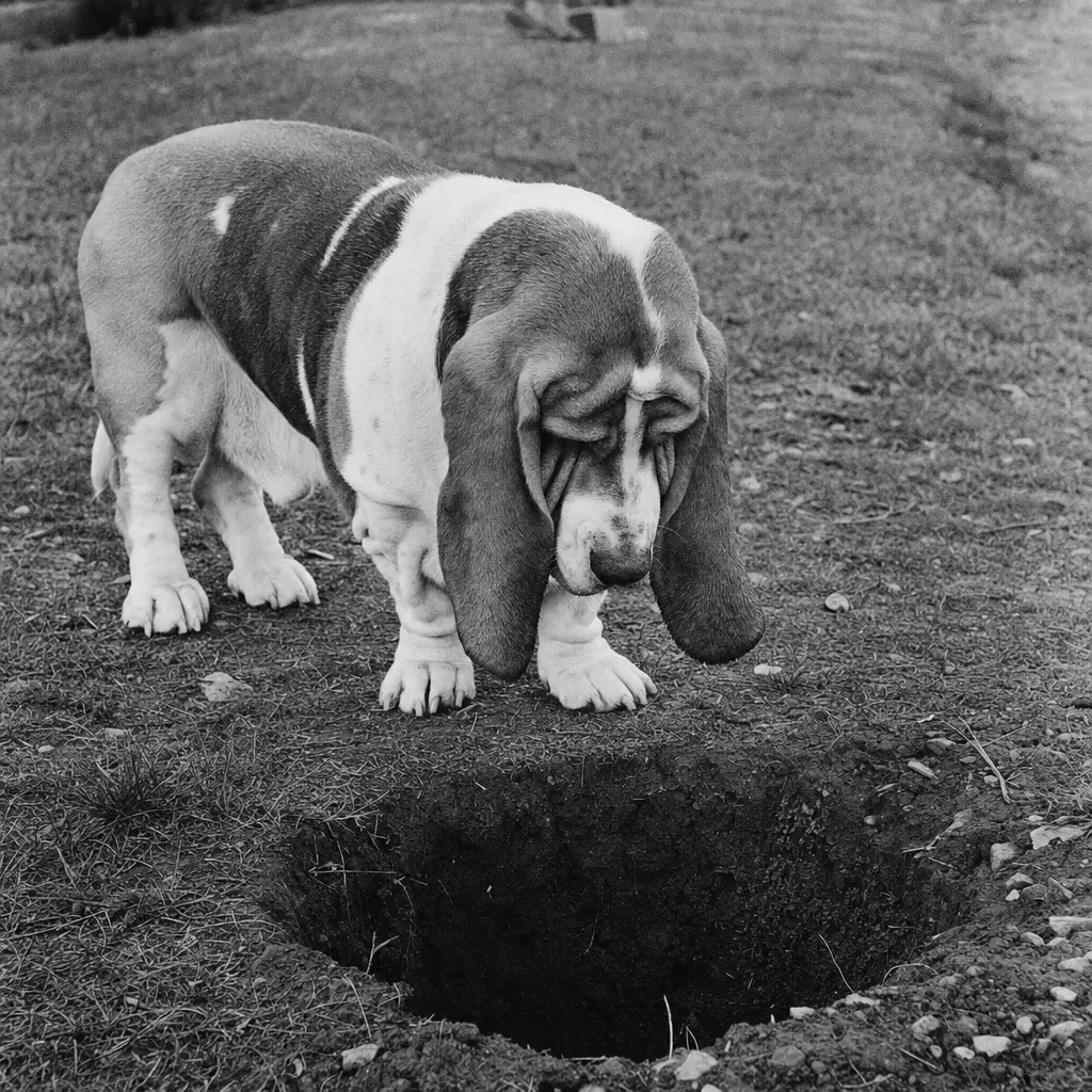 The hound standing over an empty hole staring into it