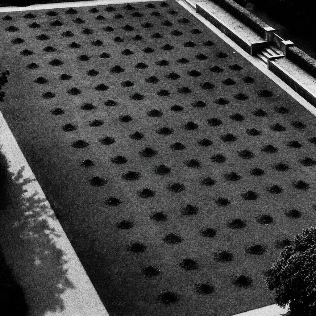 Overhead view of a lawn covered in dozens of small mounds in rough rows