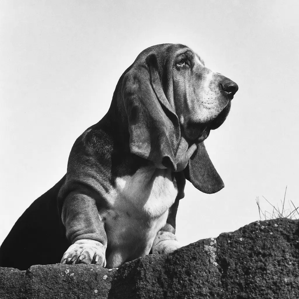 The hound in sharp profile against a flat bright sky