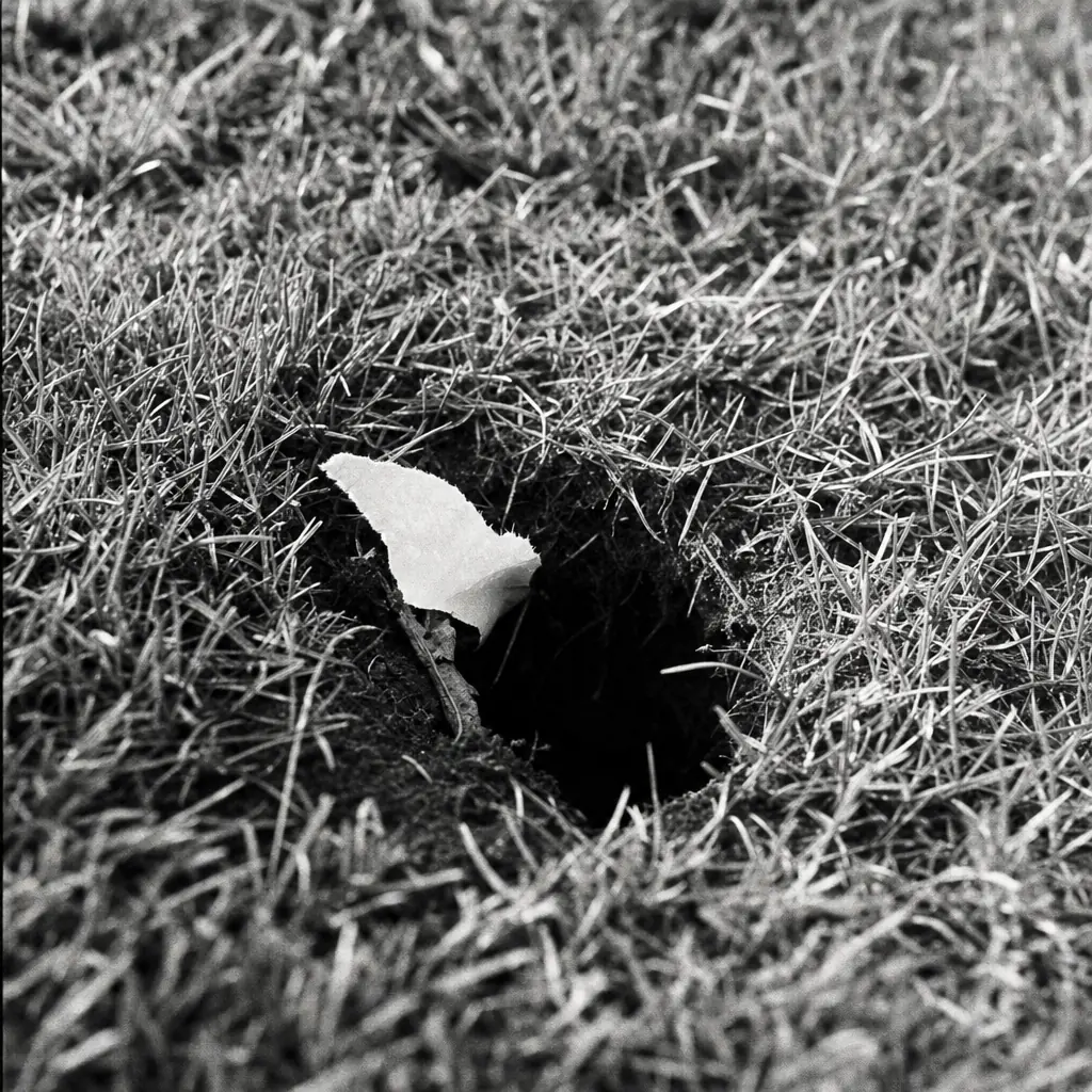 A small empty hole in a lawn with a torn scrap of newspaper on its edge